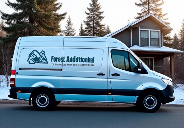 Брендированный сервисный фургон Лесного Автосервиса на фоне заснеженного Anchorage