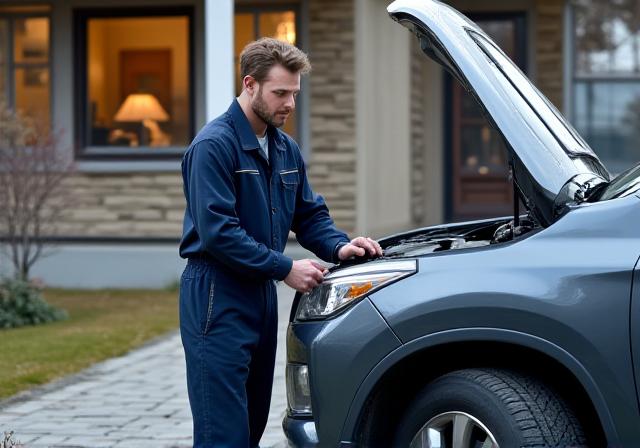 Механик обслуживает автомобиль у дома клиента, пока владелец отдыхает
