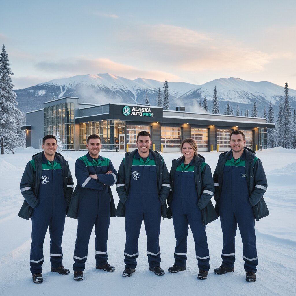 Команда Лесного Автосервиса на фоне современного сервисного центра в Аляске