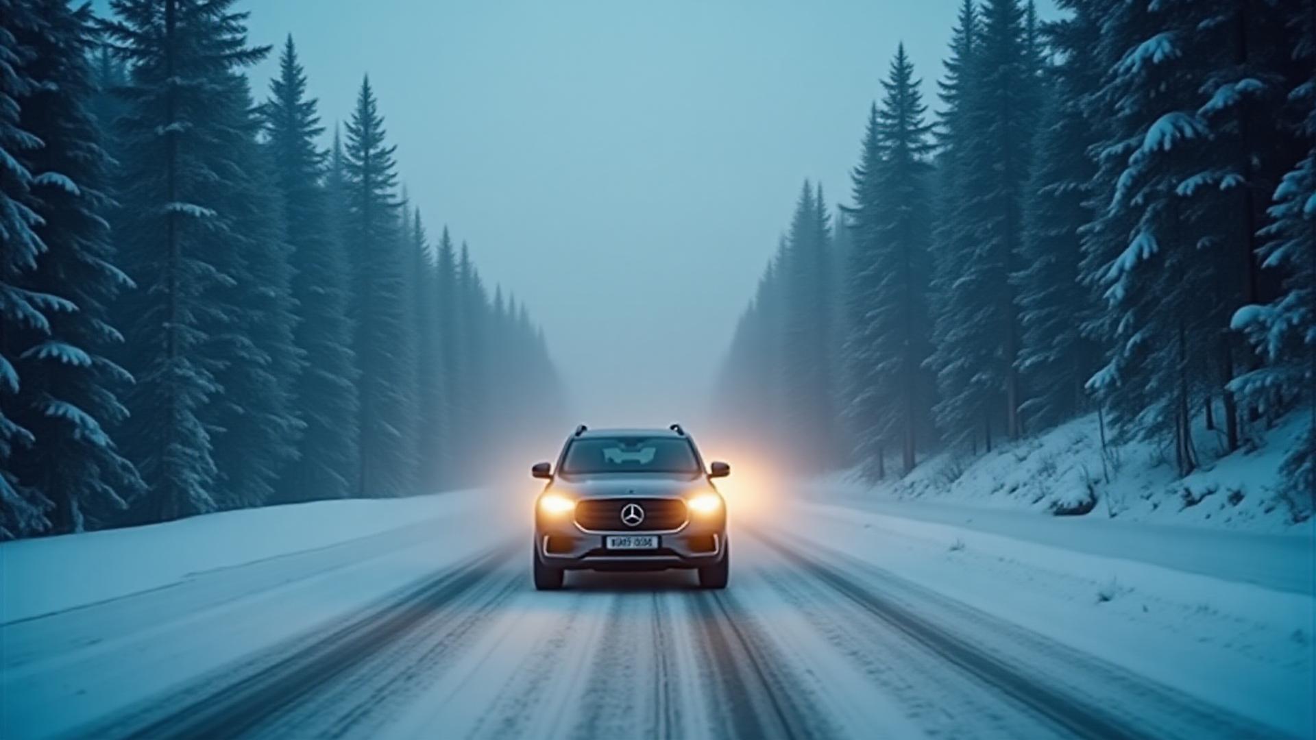 Автомобиль на заснеженной трассе Аляски
